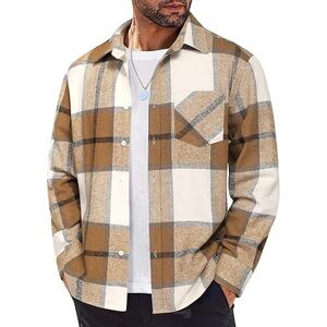 New - Men's Brown and Tan Plaid Long Sleeve Shirt/Jacket